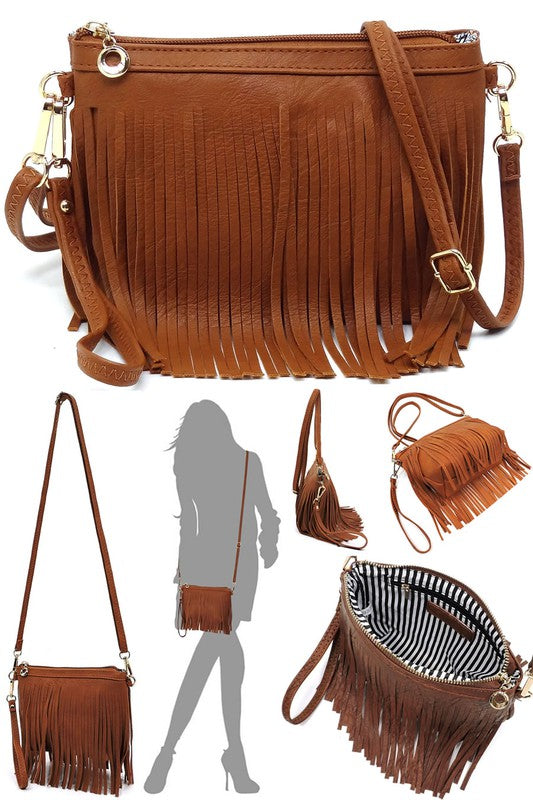 Western Fringe Crossbody Bag Faux Leather Zip Top Detachable Strap