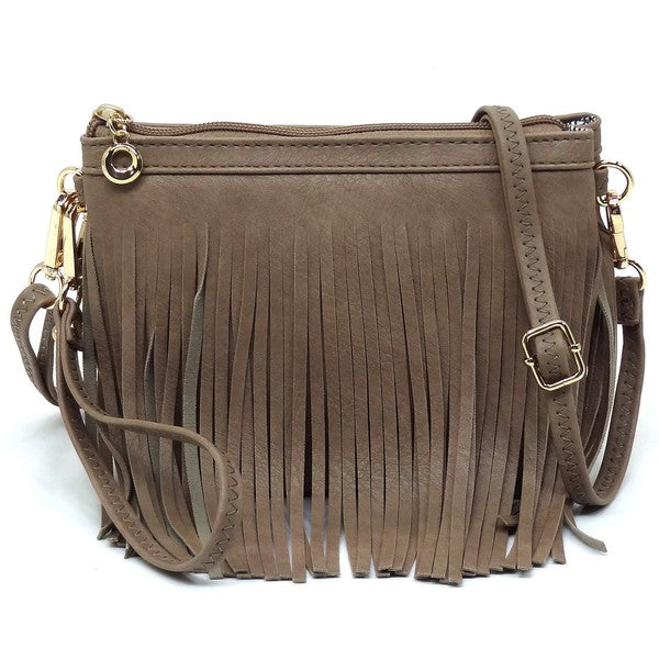 Western Fringe Crossbody Bag Faux Leather Zip Top Detachable Strap