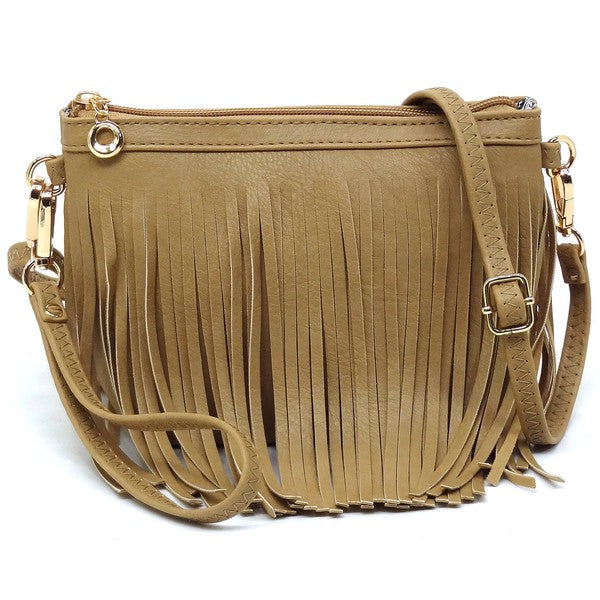 Western Fringe Crossbody Bag Faux Leather Zip Top Detachable Strap