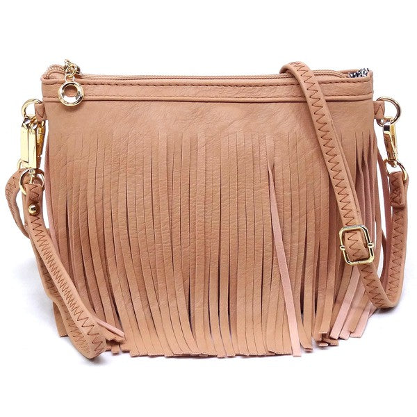 Western Fringe Crossbody Bag Faux Leather Zip Top Detachable Strap