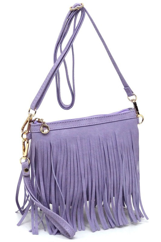 Western Fringe Crossbody Bag Faux Leather Zip Top Detachable Strap