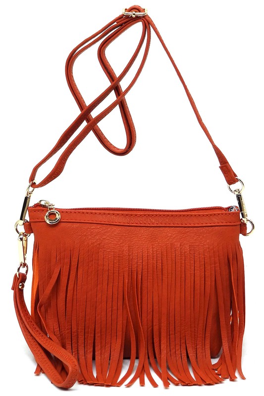 Western Fringe Crossbody Bag Faux Leather Zip Top Detachable Strap