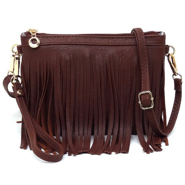 Western Fringe Crossbody Bag Faux Leather Zip Top Detachable Strap