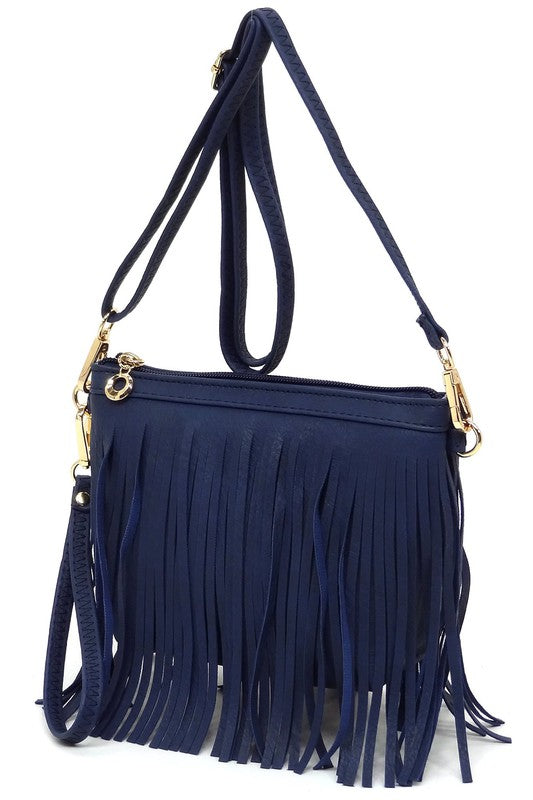Western Fringe Crossbody Bag Faux Leather Zip Top Detachable Strap
