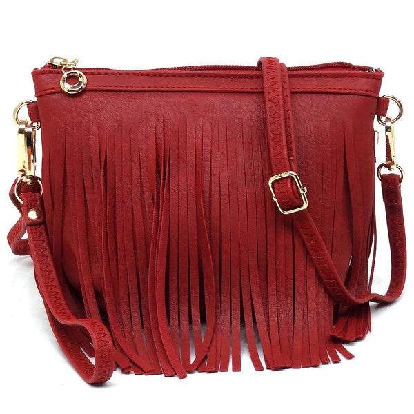 Western Fringe Crossbody Bag Faux Leather Zip Top Detachable Strap