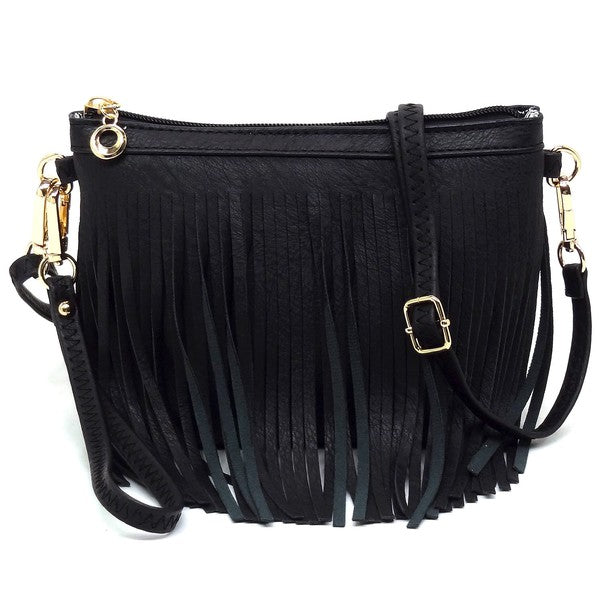 Western Fringe Crossbody Bag Faux Leather Zip Top Detachable Strap