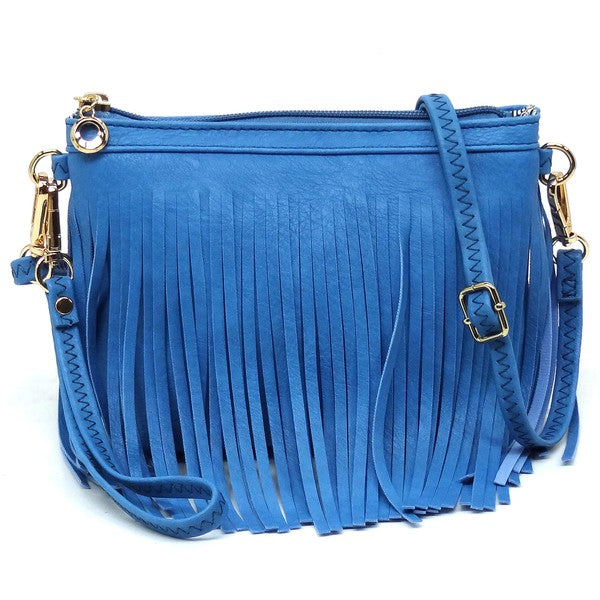 Western Fringe Crossbody Bag Faux Leather Zip Top Detachable Strap