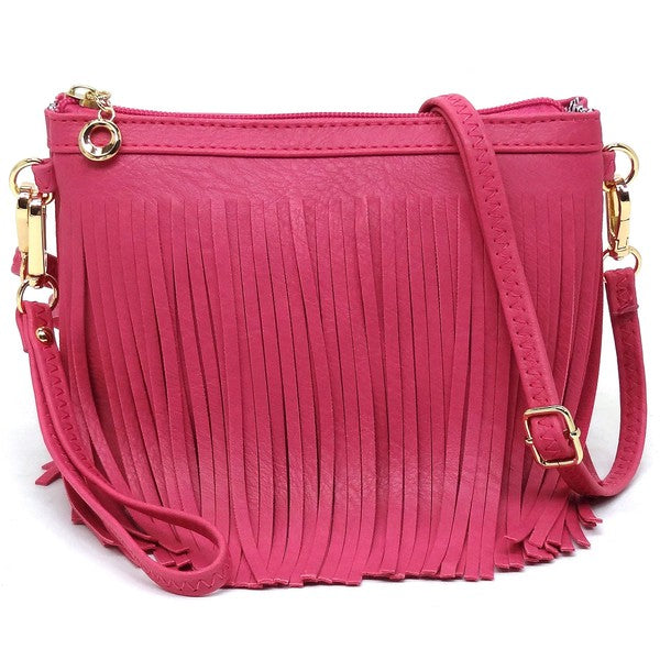 Western Fringe Crossbody Bag Faux Leather Zip Top Detachable Strap