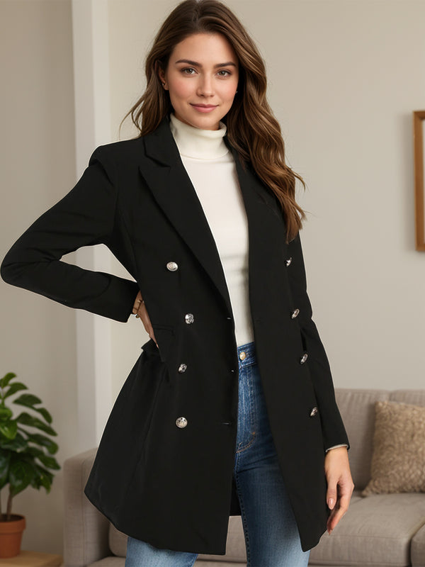 Lapel Collar Long Sleeve Blazer Buttoned Lined Machine Washable Polyester