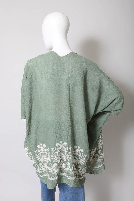 Floral Embroidered Stitch Kimono Open Front Short Sleeve Thigh Length