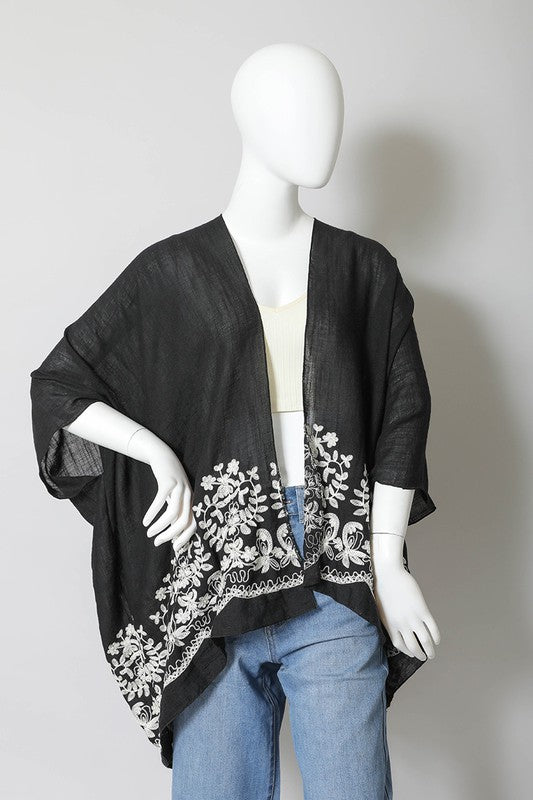 Floral Embroidered Stitch Kimono Open Front Short Sleeve Thigh Length