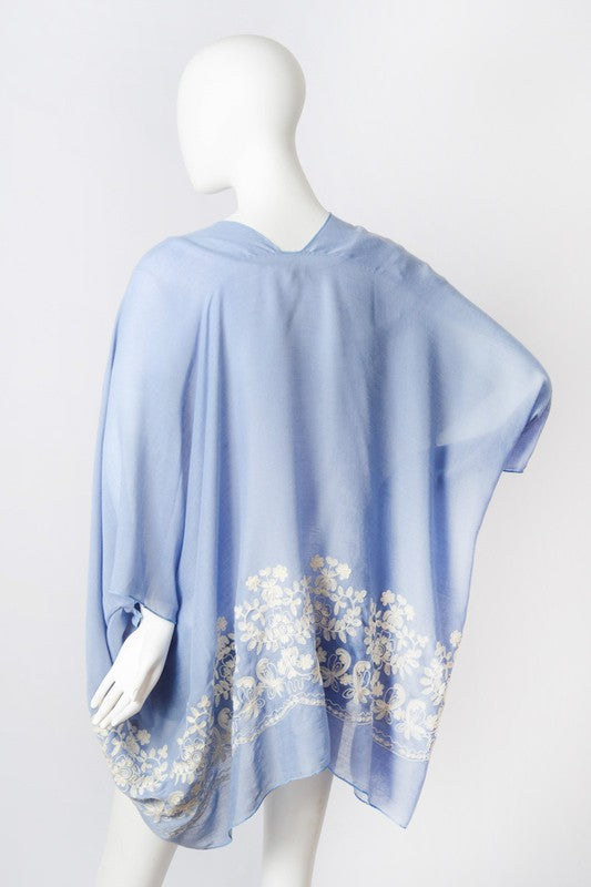 Floral Embroidered Stitch Kimono Open Front Short Sleeve Thigh Length