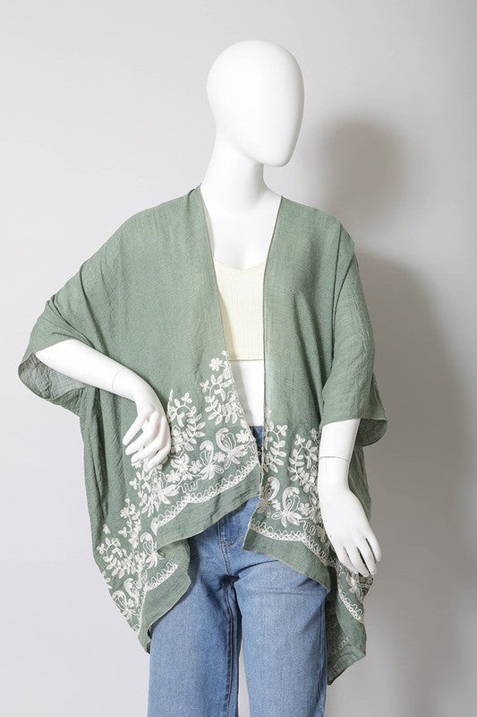 Floral Embroidered Stitch Kimono Open Front Short Sleeve Thigh Length