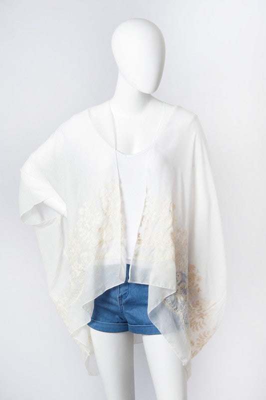 Floral Embroidered Stitch Kimono Open Front Short Sleeve Thigh Length