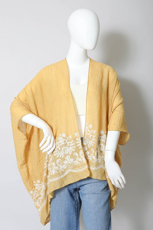 Floral Embroidered Stitch Kimono Open Front Short Sleeve Thigh Length