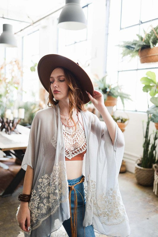 Floral Embroidered Stitch Kimono Open Front Short Sleeve Thigh Length