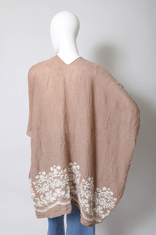 Floral Embroidered Stitch Kimono Open Front Short Sleeve Thigh Length