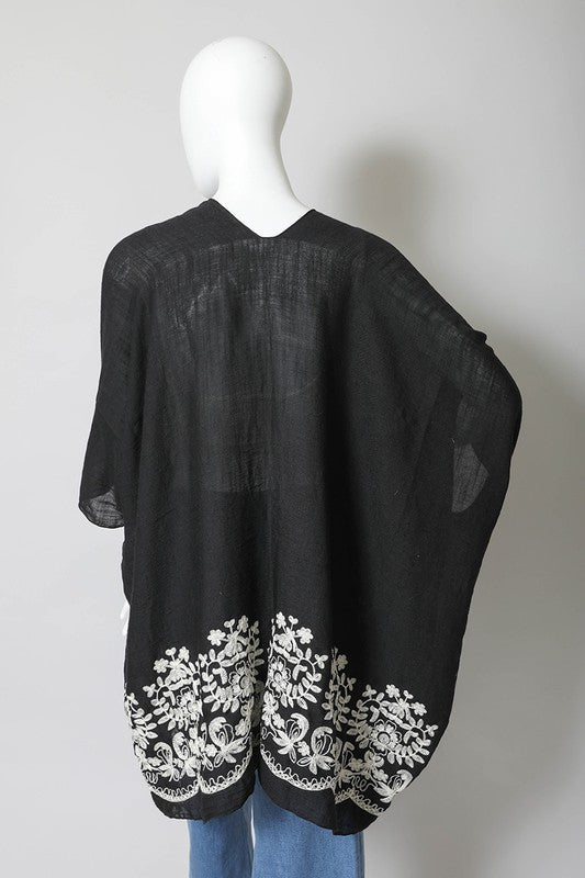 Floral Embroidered Stitch Kimono Open Front Short Sleeve Thigh Length