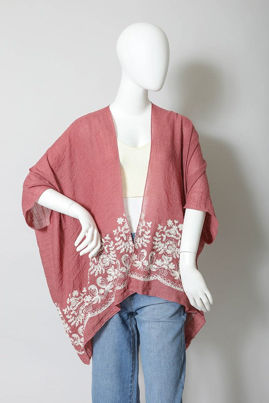 Floral Embroidered Stitch Kimono Open Front Short Sleeve Thigh Length