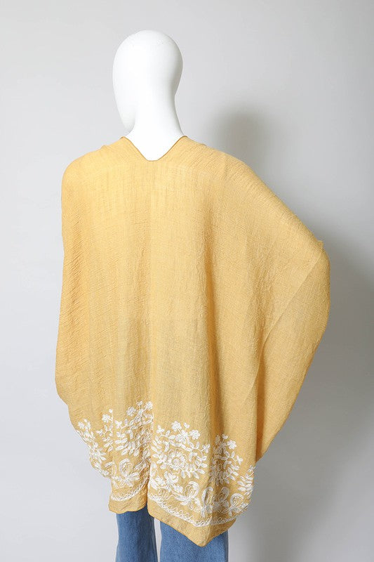 Floral Embroidered Stitch Kimono Open Front Short Sleeve Thigh Length
