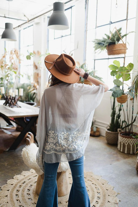 Floral Embroidered Stitch Kimono Open Front Short Sleeve Thigh Length