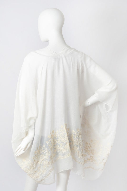 Floral Embroidered Stitch Kimono Open Front Short Sleeve Thigh Length