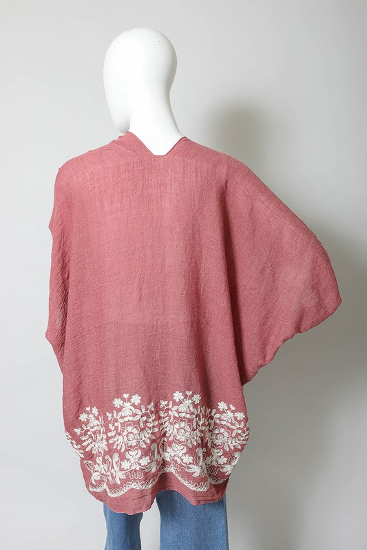 Floral Embroidered Stitch Kimono Open Front Short Sleeve Thigh Length