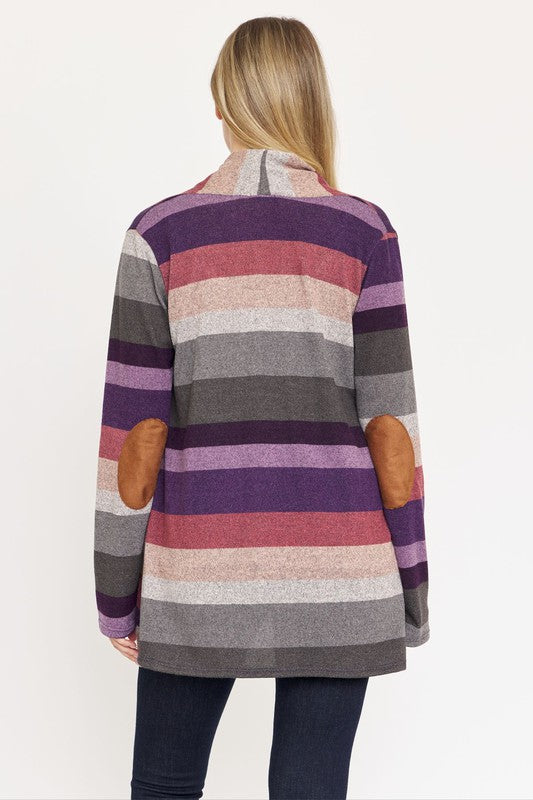 Lightweight Multi Stripe Cardigan with Elbow Patches Regular Fit Women