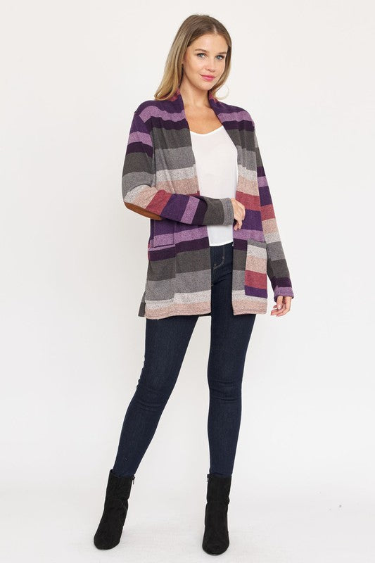 Lightweight Multi Stripe Cardigan with Elbow Patches Regular Fit Women
