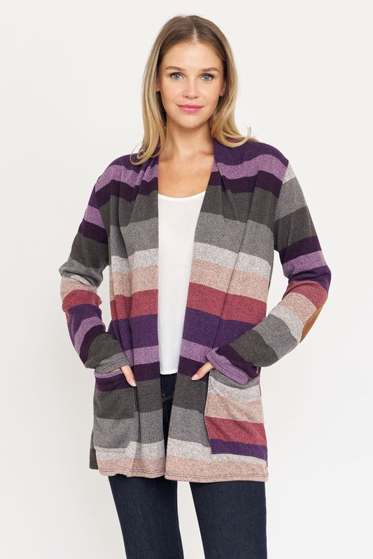 Lightweight Multi Stripe Cardigan with Elbow Patches Regular Fit Women
