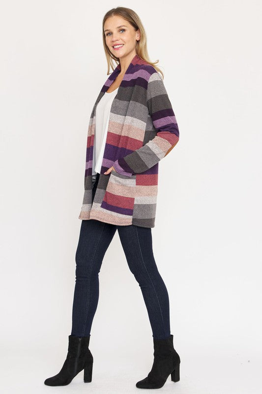 Lightweight Multi Stripe Cardigan with Elbow Patches Regular Fit Women