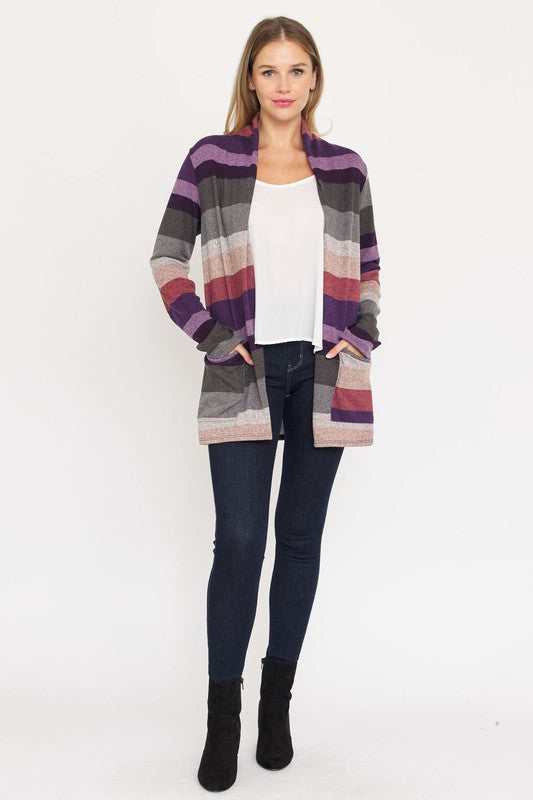 Lightweight Multi Stripe Cardigan with Elbow Patches Regular Fit Women
