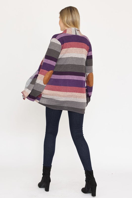 Lightweight Multi Stripe Cardigan with Elbow Patches Regular Fit Women