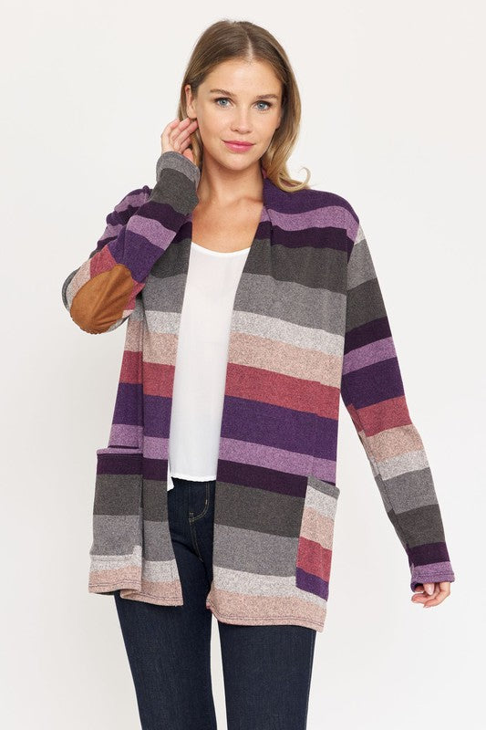 Lightweight Multi Stripe Cardigan with Elbow Patches Regular Fit Women