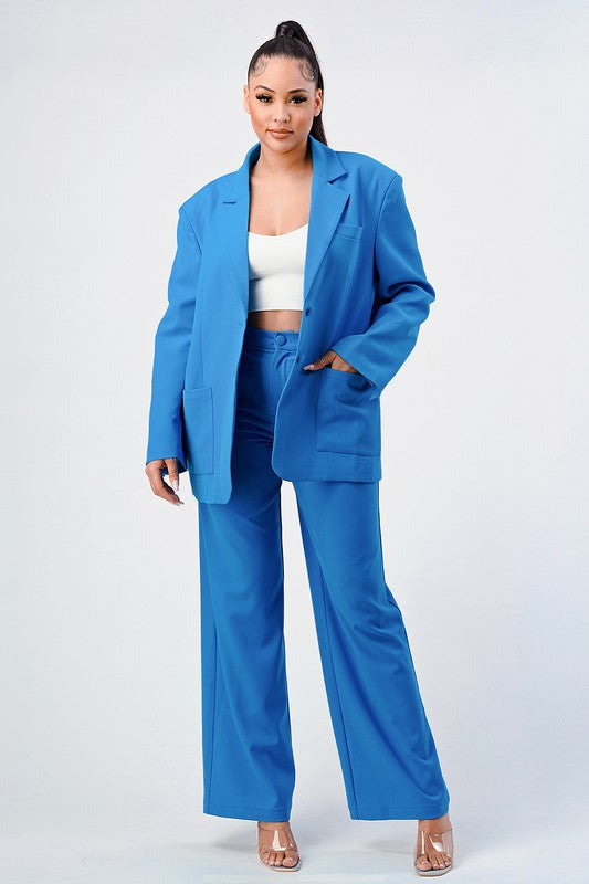 Athina Casual Loose Fit Blazer and Pants Set in Blue or White with Front Button Closure
