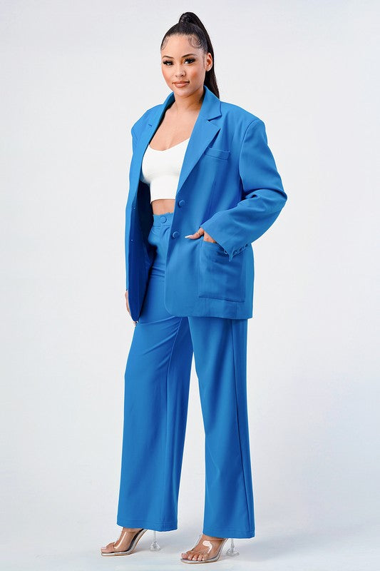 Athina Casual Loose Fit Blazer and Pants Set in Blue or White with Front Button Closure