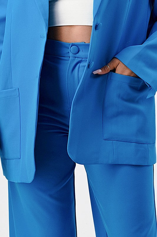 Athina Casual Loose Fit Blazer and Pants Set in Blue or White with Front Button Closure