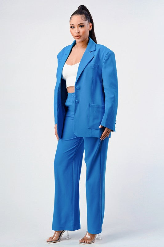 Athina Casual Loose Fit Blazer and Pants Set in Blue or White with Front Button Closure