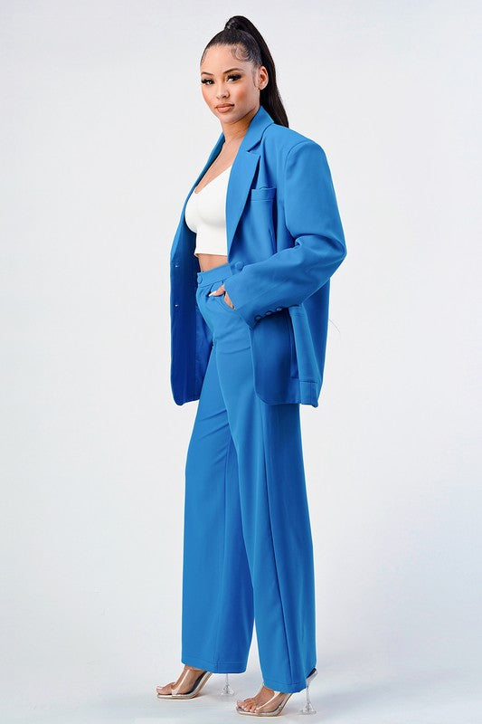 Athina Casual Loose Fit Blazer and Pants Set in Blue or White with Front Button Closure