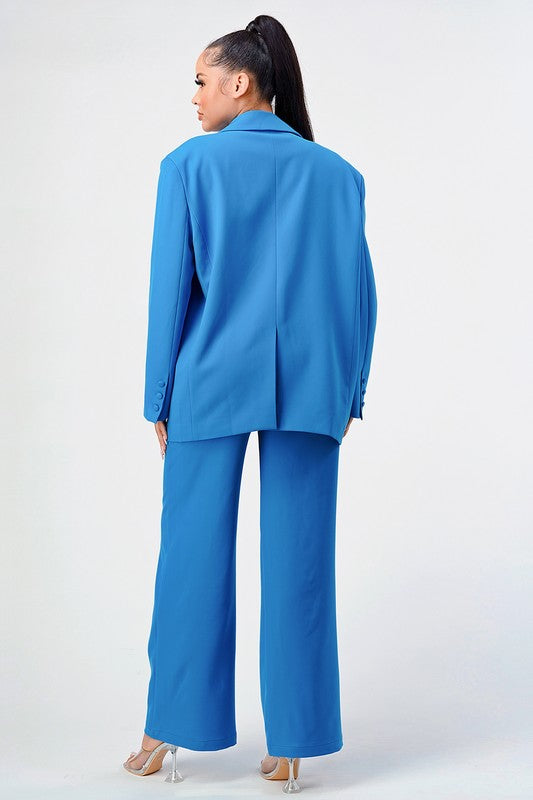 Athina Casual Loose Fit Blazer and Pants Set in Blue or White with Front Button Closure
