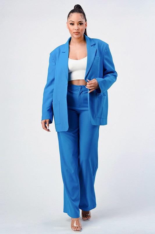 Athina Casual Loose Fit Blazer and Pants Set in Blue or White with Front Button Closure