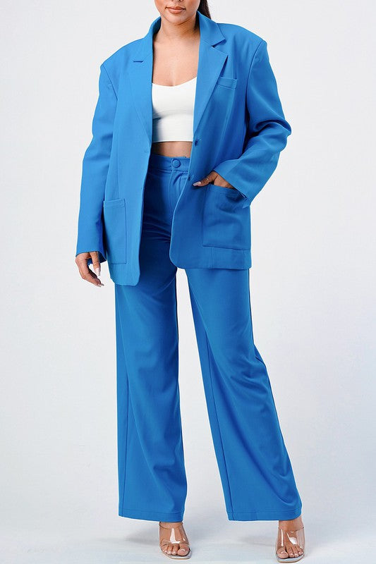 Athina Casual Loose Fit Blazer and Pants Set in Blue or White with Front Button Closure