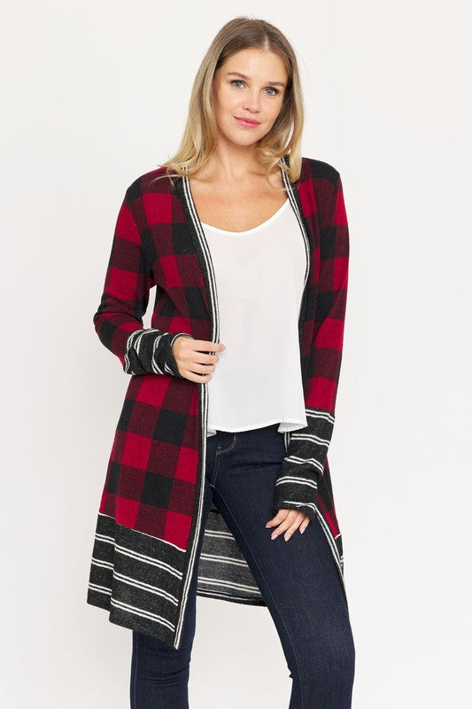 Petite Women's Long Buffalo Plaid Stripe Trim Open Cardigan - Cozy Warmth & Comfort