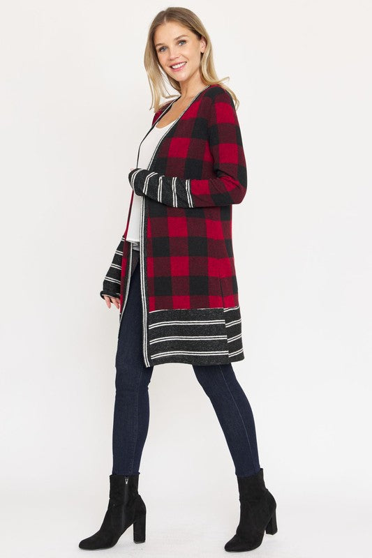 Petite Women's Long Buffalo Plaid Stripe Trim Open Cardigan - Cozy Warmth & Comfort