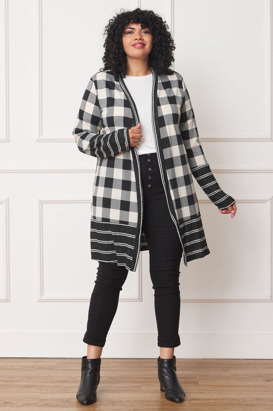 Petite Women's Long Buffalo Plaid Stripe Trim Open Cardigan - Cozy Warmth & Comfort