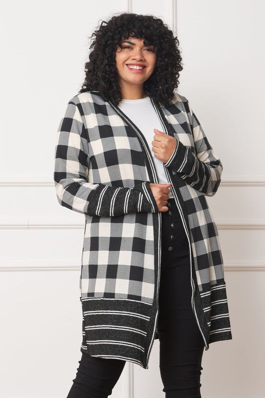 Petite Women's Long Buffalo Plaid Stripe Trim Open Cardigan - Cozy Warmth & Comfort