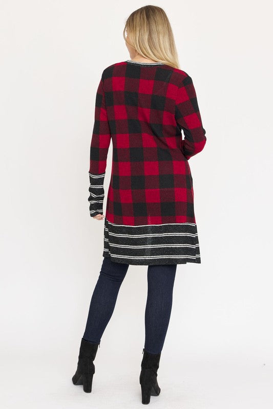 Petite Women's Long Buffalo Plaid Stripe Trim Open Cardigan - Cozy Warmth & Comfort
