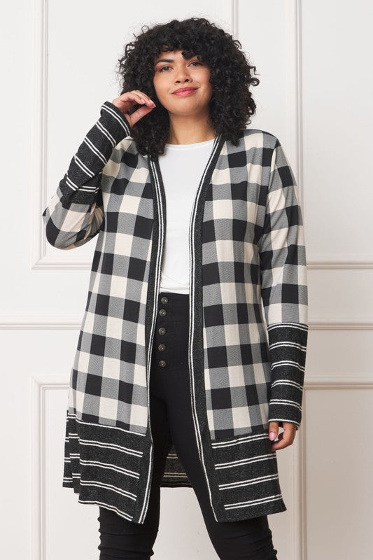Petite Women's Long Buffalo Plaid Stripe Trim Open Cardigan - Cozy Warmth & Comfort
