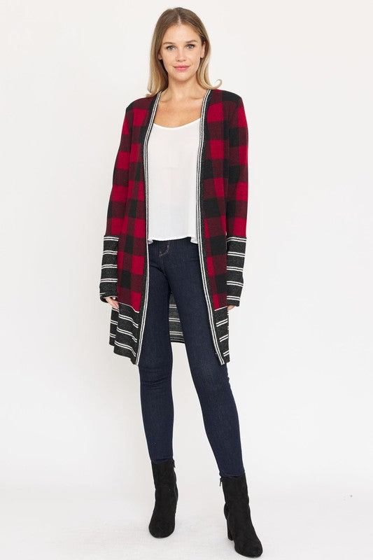 Petite Women's Long Buffalo Plaid Stripe Trim Open Cardigan - Cozy Warmth & Comfort