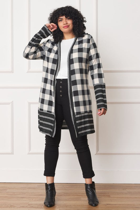 Petite Women's Long Buffalo Plaid Stripe Trim Open Cardigan - Cozy Warmth & Comfort